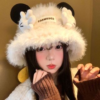 Mũ lông Mickey bàn tay dễ thương nữ mùa đông & thu - Dịu dàng làm khuôn mặt nhỏ, ấm áp chống rét, mũ thùng sinh viên thời trang