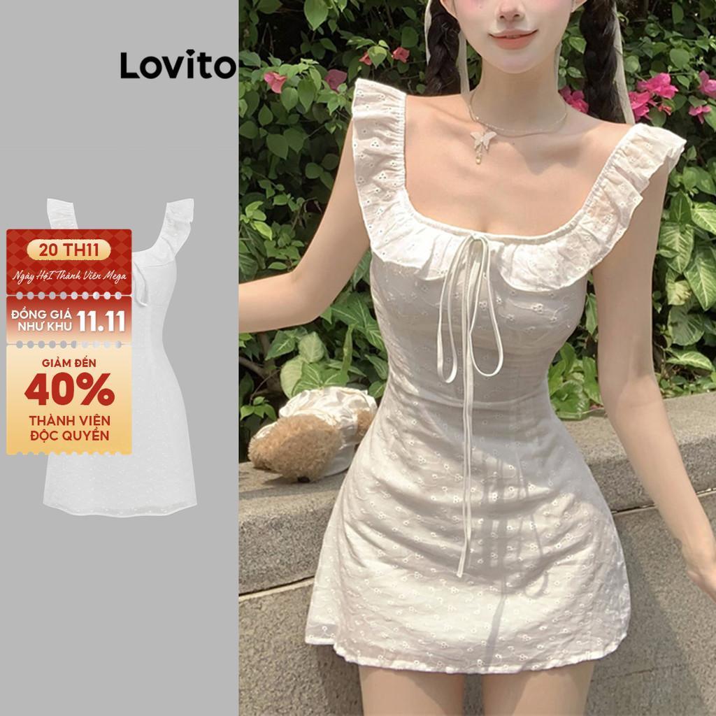 Đầm Lovito màu trơn cột phía trước dập lỗ thêu dễ thương cho nữ L122AD063