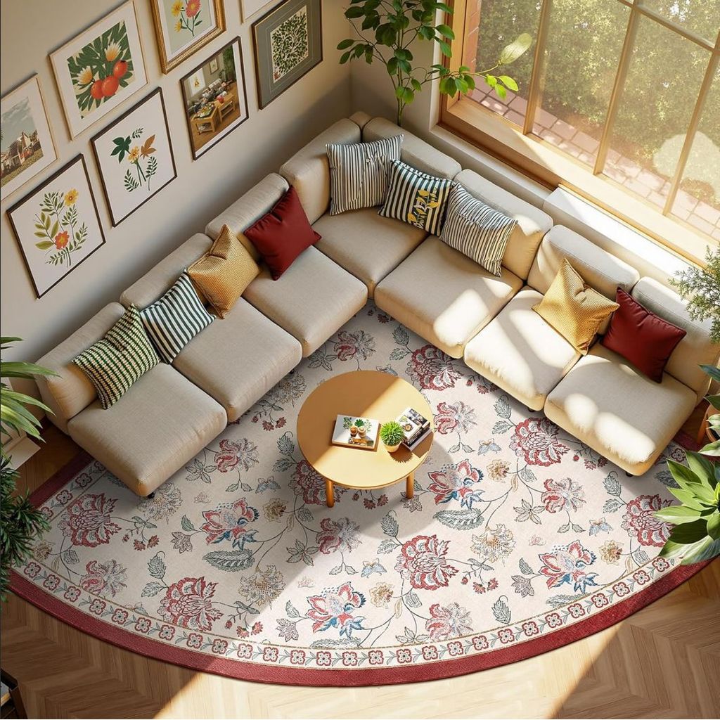 [Hàng có sẵn] Thảm trải sàn phòng khách hình quạt nhung nước hoa vintage – thảm trang trí ôm góc sofa & bàn trà, dễ vệ sinh, nhiều kích thước