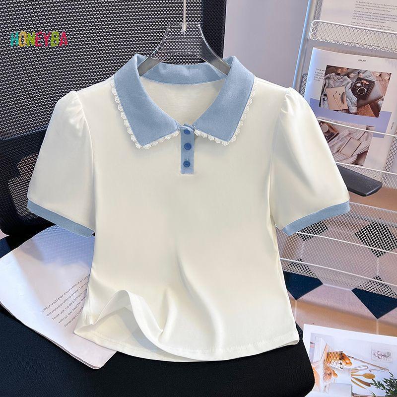 < Honeyba > Áo thun ngắn tay viền ren màu sắc tương phản Hàn Quốc dành cho nữ