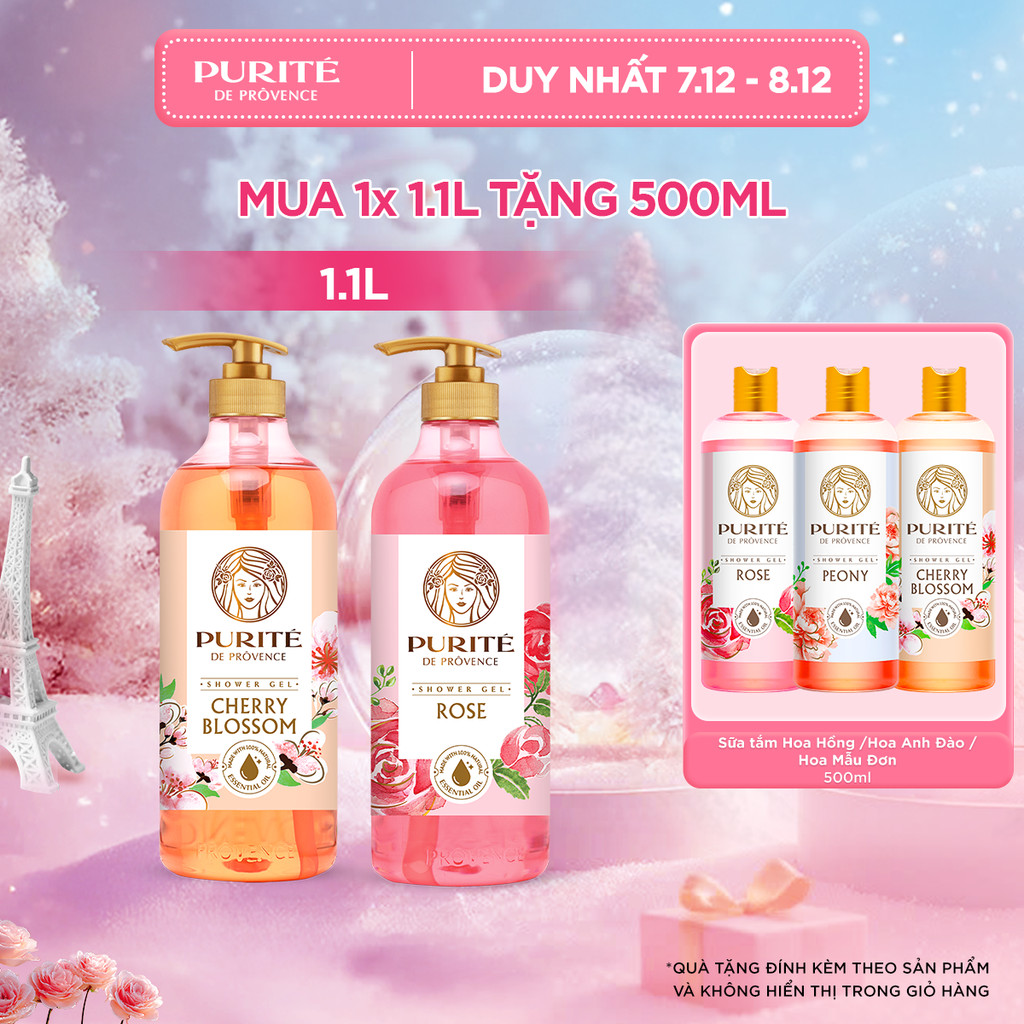 Sữa Tắm PURITÉ 1.1L Hương Hoa Anh Đào/Hoa Hồng Tặng Sữa Tắm Hương Hoa Anh Đào/Hoa Mẫu Đơn/Hoa Hồng 500ml