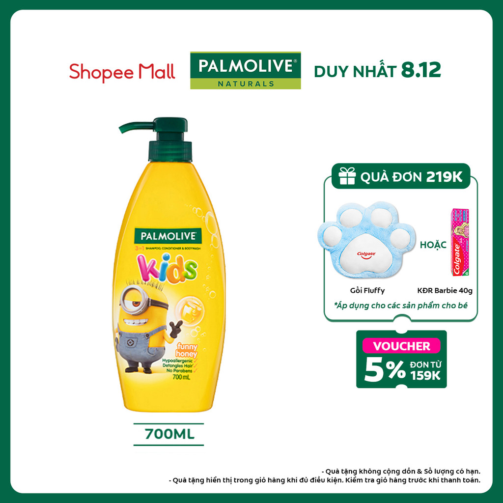 Dầu gội 3 trong 1 Palmolive Minion tắm gội xả toàn thân cho bé từ 3 tuổi, hương mật ong, không kích ứng 700ml/chai