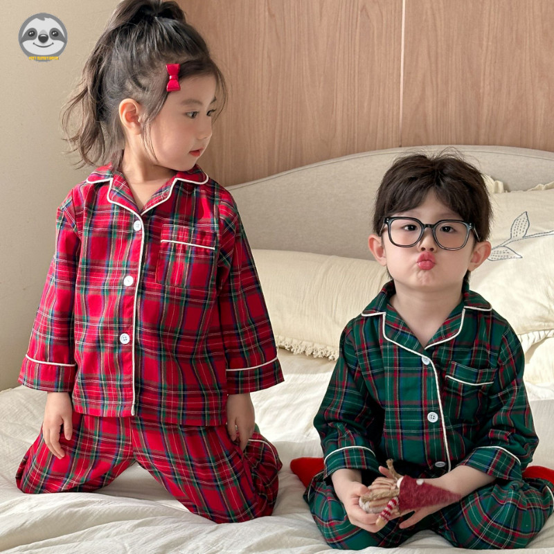 Bộ đồ ngủ bằng vải cotton nguyên chất kẻ sọc chấm bi cho trẻ em / Bộ đồ ngủ kẻ sọc cotton nguyên chất phong cách Giáng sinh cho bé trai / Quần trẻ em Phòng chờ đi chơi dài tay