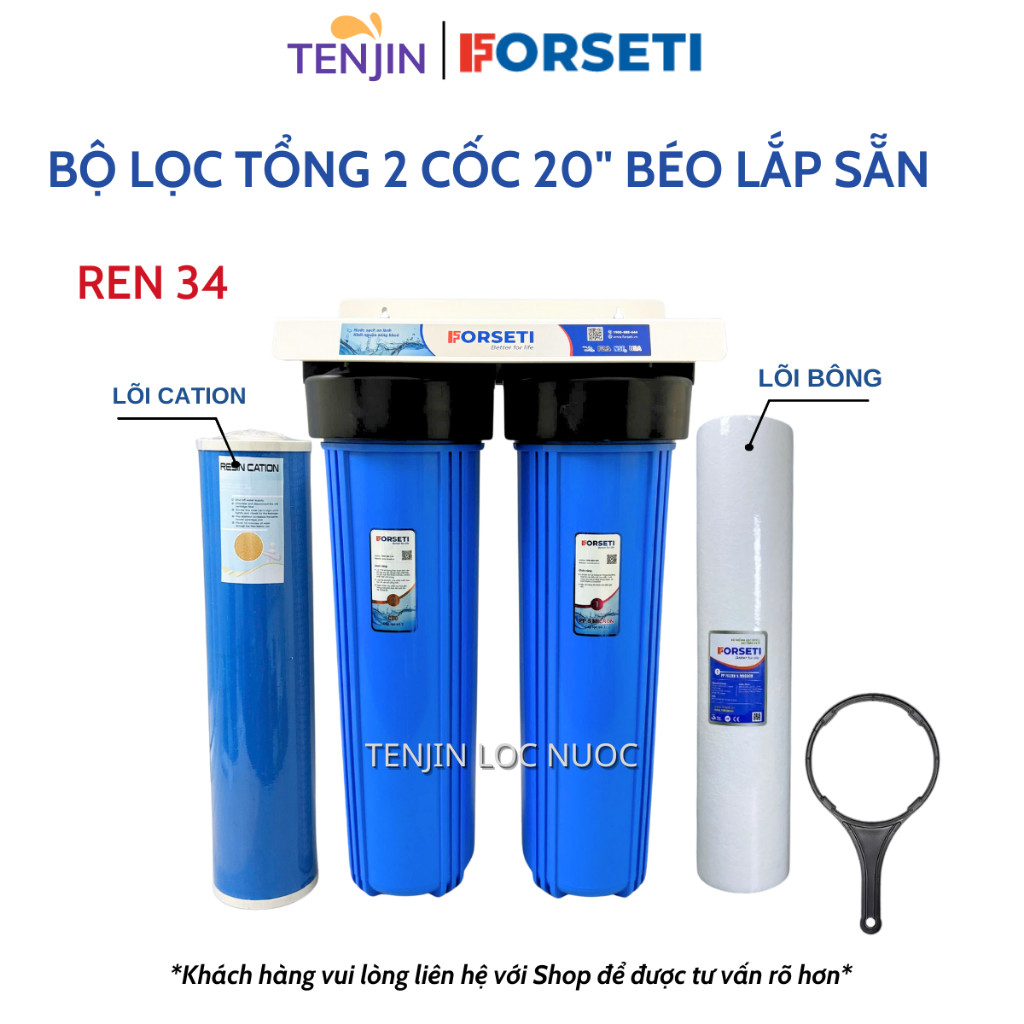 Bộ Lọc Tổng Đầu Nguồn FORSETI 2 Cốc Béo 20 Inch Kèm Giá, Gông Lăp Sẵn