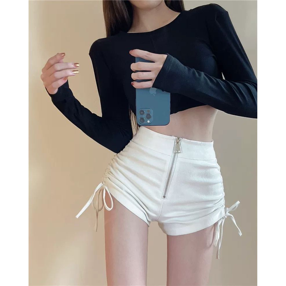 Milyfashion Size Lớn Dây Kéo Quần Short Eo Cao Mặc Ngoài Ôm Hơn Nhìn Chữ A Ống Rộng Màu Đen Thường Ngày Nóng Quần