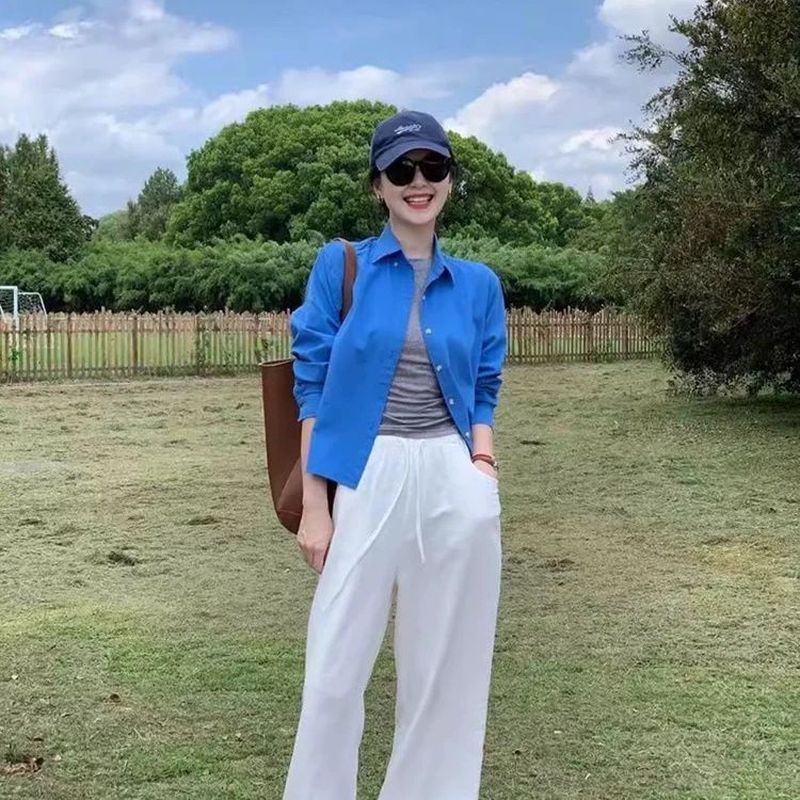 Áo sơ mi nữ thu đông màu xanh klein, thiết kế retro phong cách Hàn Quốc từ cotton nguyên chất