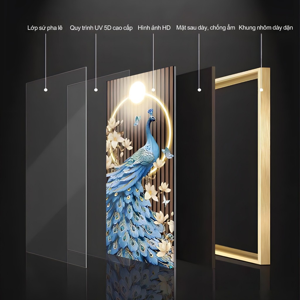 Tranh Đính Đá Pha Lê Đèn LED chim công, Cao Cấp Treo Tường, Decor Phòng Khách - Top Decor