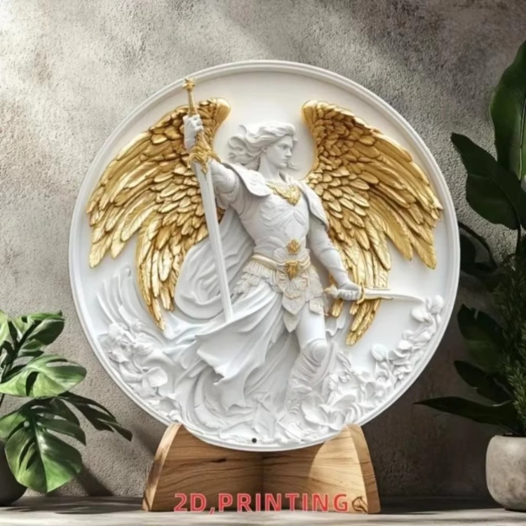 Dấu hiệu nhôm CIFbuy 2D Archangel Michael - Nghệ thuật treo tường tâm linh tròn để trang trí nội thất, Quà tặng tôn giáo bền bỉ cho Giáng sinh, Nhà bếp, Phòng khách