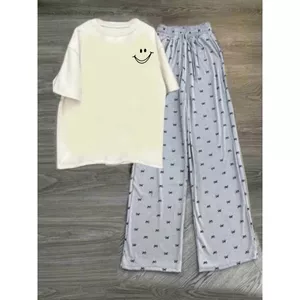 sét Bộ Đồ nữ quần hoạ tiết nơ + kết hợp phông tay lỡ unisex - hình mặt cười -quanao94