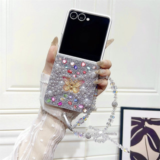 Vỏ bướm kim cương lấp lánh đầy màu sắc Samsung Galaxy Z Flip 7 Z Flip 6 7FE Flip 5 Flip 4 / 3 Kết cấu kim cương giả Vòng tay Chuỗi vỏ cứng chống sốc