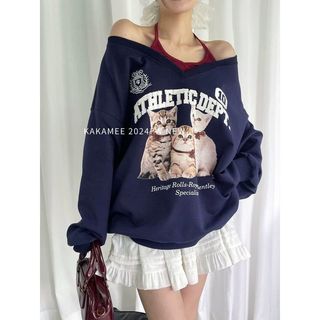 Plus Size Áo Nữ Giả Hai Mảnh Cổ Dây Dài Tay Top 2025 Mèo Vui Nhộn Béo Sister Plus Kích Thước 150kg Màu Sắc Tương Phản Giả Hai Mảnh Áo Không Dây Rời Thường Ngày Nữ Plus Size Quần Áo Nữ