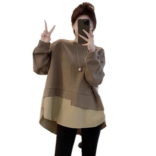 Plus Size Nữ Thu Đông Giữa Chiều Dài Giả Hai Mảnh Bao Bụng Ôm Hơn Nhìn Áo Nữ Rời Top Béo mm150kg ins