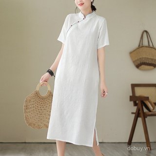 Đầm midi tay ngắn retro đứng cổ, vải lanh cotton jacquard, phù hợp mùa hè