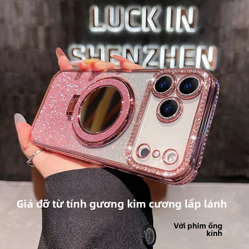 Thích Hợp Cho iPhone17PROMAX Ốp Lưng Điện Thoại Kim Cương Giả Cạnh Lấp Lánh Trang Điểm Gương Từ Tính Apple 16 Chống Sốc 15