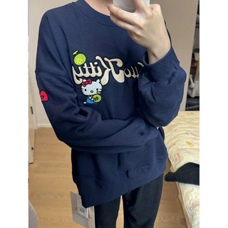 Áo sweater nỉ bông xanh than cổ tròn form rộng chất liệu mềm mại