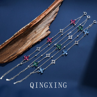Châu Âu Mỹ ins Phong Cách Mới Đỏ Corundum Ánh Sáng Phong Lan Spinel Bốn Lá Cỏ Ba Lớp Vòng Tay Nữ