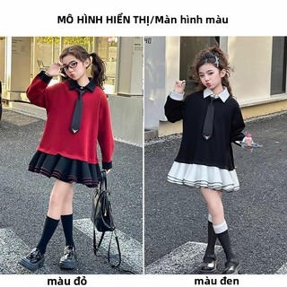Đầm bé gái phong cách học viện – Váy xếp tầng phối cổ sơ mi, dáng xinh cho bé đi học đi chơi