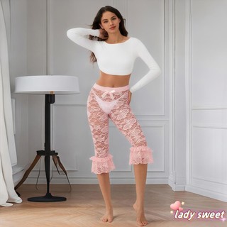 Quần Legging Ren Ruffle Capri Sheer Lưới Co Dãn Eo Cao