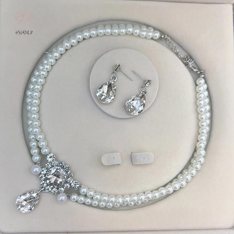 Bộ bông tai và vòng cổ đôi phong cách vintage giả ngọc trai, phù hợp dự tiệc ngày lễ hoặc làm quà tặng.