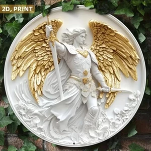 Dấu hiệu nhôm CIFbuy 2D Archangel Michael - Nghệ thuật treo tường tâm linh tròn để trang trí nội thất, Quà tặng tôn giáo bền bỉ cho Giáng sinh, Nhà bếp, Phòng khách