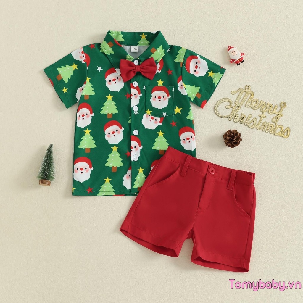 Bộ trang phục Giáng sinh cho bé trai mới biết đi Áo sơ mi nơ ngắn tay in hình ông già Noel + Quần Short màu trơn Bộ 2 món quý ông
