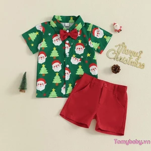 Bộ trang phục Giáng sinh cho bé trai mới biết đi Áo sơ mi nơ ngắn tay in hình ông già Noel + Quần Short màu trơn Bộ 2 món quý ông