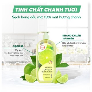 Nước rửa bát Top Gia 3 mùi hương dung tích 1kg, không kích ứng da, sạch an toàn, bảo vệ da tay