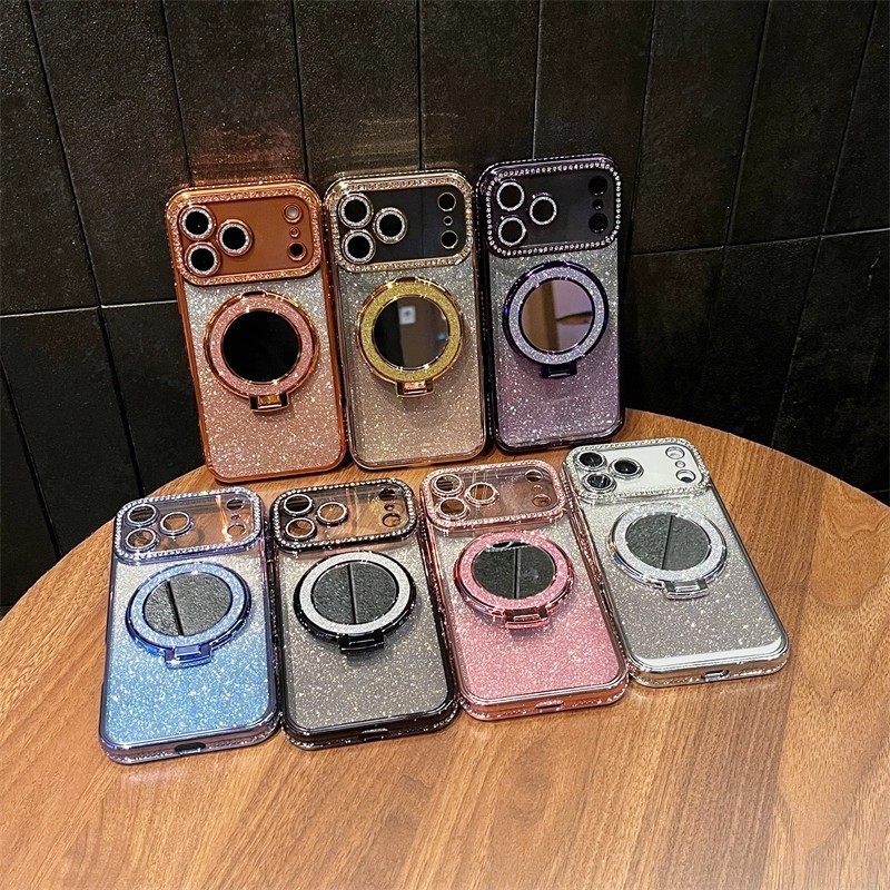 Thích Hợp Cho iPhone17PROMAX Ốp Lưng Điện Thoại Kim Cương Giả Cạnh Lấp Lánh Trang Điểm Gương Từ Tính Apple 16 Chống Sốc 15
