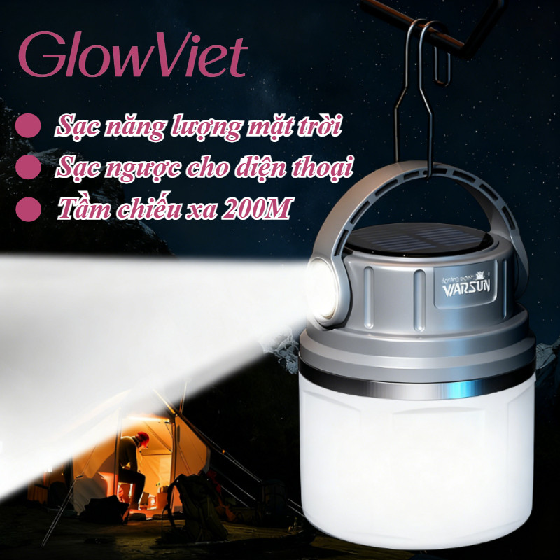 Đèn Cắm Trại Năng Lượng Mặt Trời 300LM - Chống Nước IPX5, Pin 1500mAh, Sạc Type-C/USB, Siêu Sáng