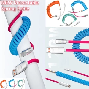 Cáp dữ liệu có thể thu vào lò xo 120W Type C sang Type C với đèn báo thông minh Cáp sạc siêu nhanh USB C