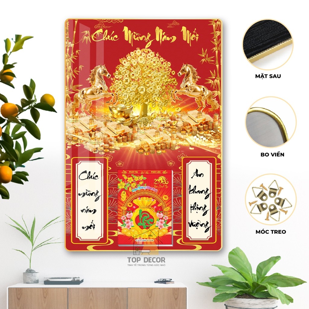 Tranh Tráng Gương Kèm Đốc Lịch - Lịch tết 2026 Decor Phòng khách - Top Decor