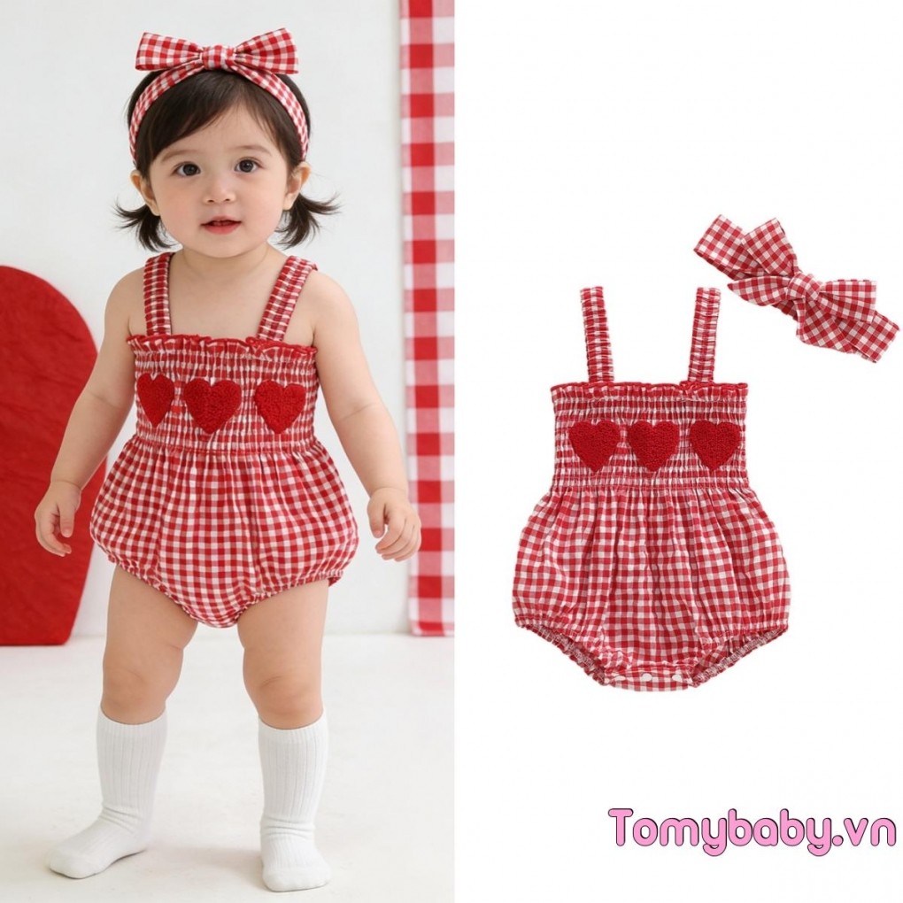 Bé Gái Ngày Lễ Tình Nhân Áo Liền Quần Kẻ Sọc Trái Tim Táo Không Tay Suspender Jumpsuit Có Băng Đô