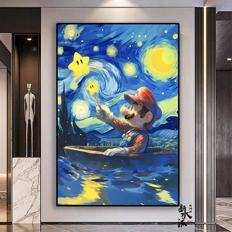 Super Mario Van Gogh Tranh nghệ thuật ban đêm đầy sao Canvas Trang trí tường cho lối vào, phòng khách, phòng ngủ và phòng chơi game