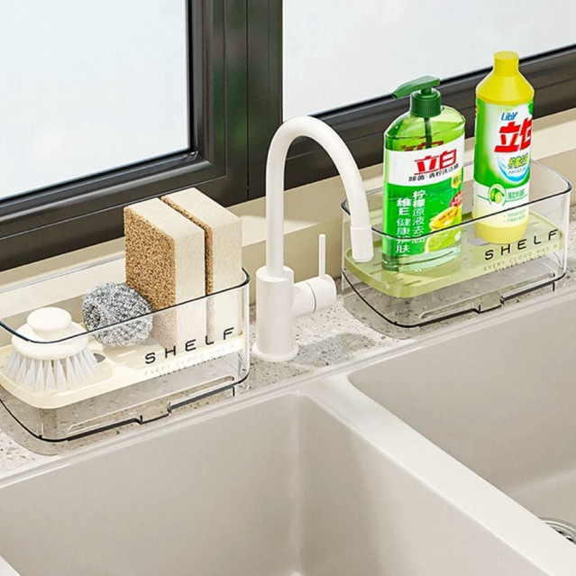Khay hộp đựng dụng cụ rửa chén để trên bồn rửa có vòi thoát nước vỏ trong suốt, giữ gọn gàng khô ráo