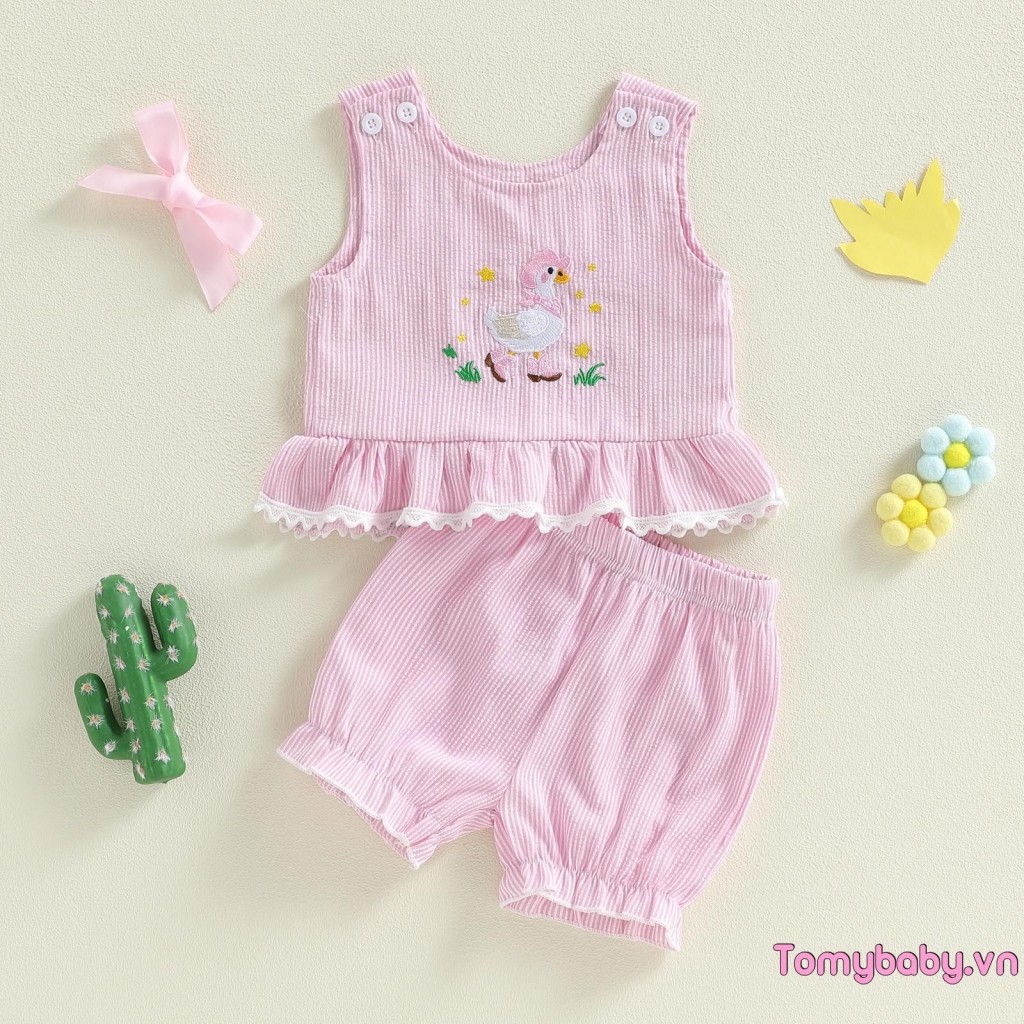 Bộ trang phục mùa hè cho bé gái mới biết đi Áo Vest thêu cổ tròn không tay + Bộ quần short hở lưng co giãn