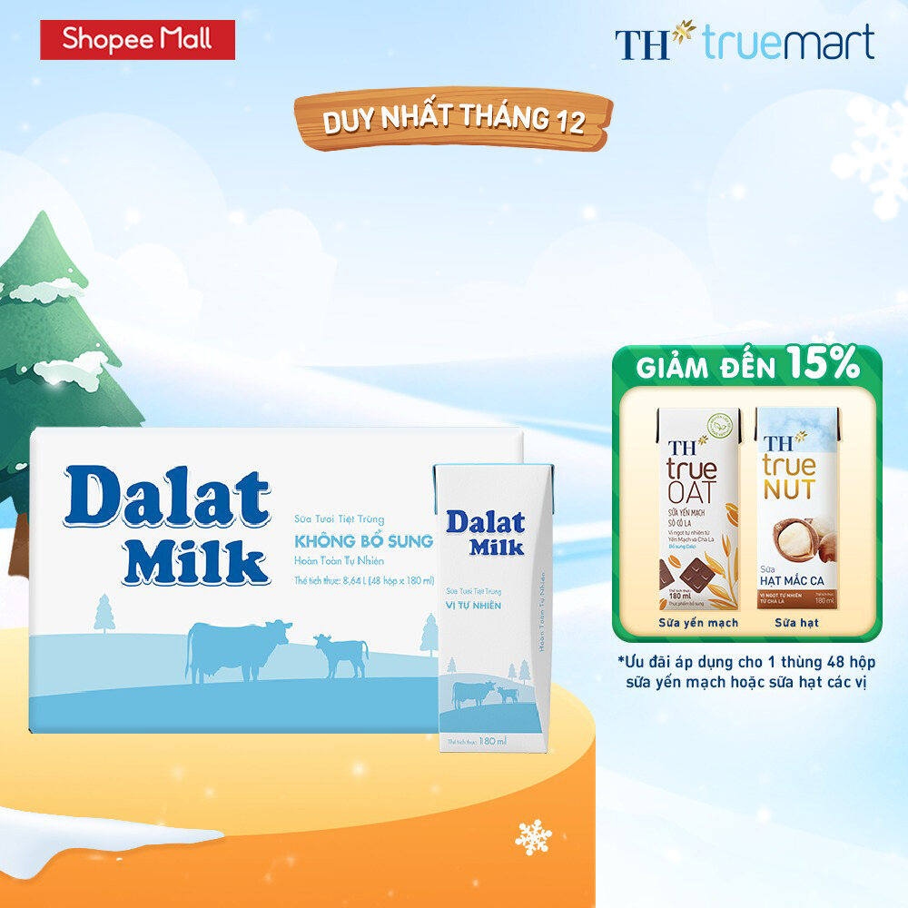 Thùng 48 hộp sữa tươi tiệt trùng Dalatmilk vị tự nhiên 180 ml (180 ml x 48)