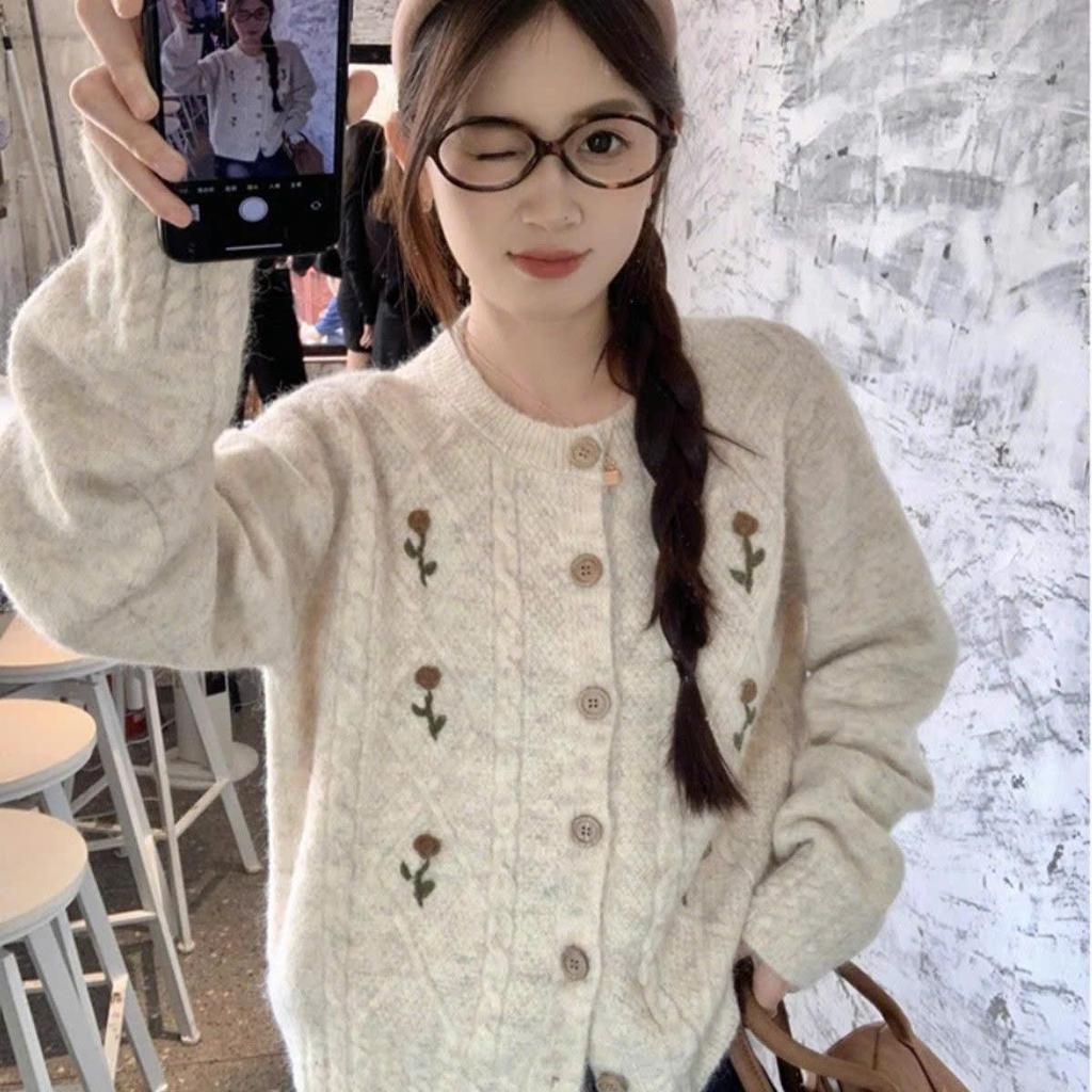 (HÀNG QCCC LOẠI 1) Áo len cardigan dài tay phối họa tiết hoa độc đáo chất liệu len XIMIMI SP403