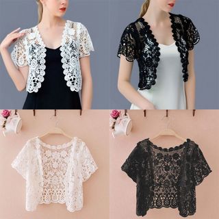 Áo khoác crop ren phong cách cô dâu mùa hè, thiết kế hoa văn thanh lịch đen trắng, tay ngắn