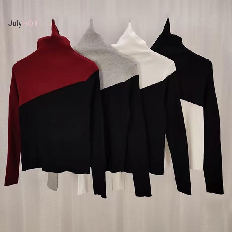 JULYHOT Áo Len Dệt Kim Mỏng Hàn Quốc Cổ Cao Màu Sắc Contrasting Cho Nữ