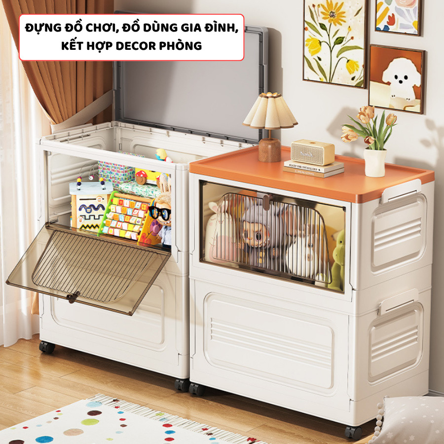 Hộp Nhựa Lớn Gấp Gọn Đựng Đồ Chơi ENODA HOME, Thùng Đựng Đồ Chơi Cho Bé Cửa Trong Suốt Có Bánh Xe Tiện Lợi Q043
