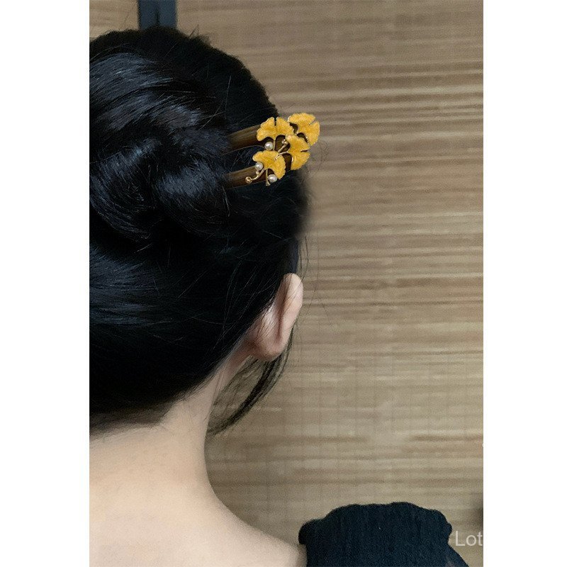 Kẹp tóc hình chữ u lá mun ginkgo, phù hợp phong cách nhẹ nhàng và trang phục sườn xám cổ điển Hanfu