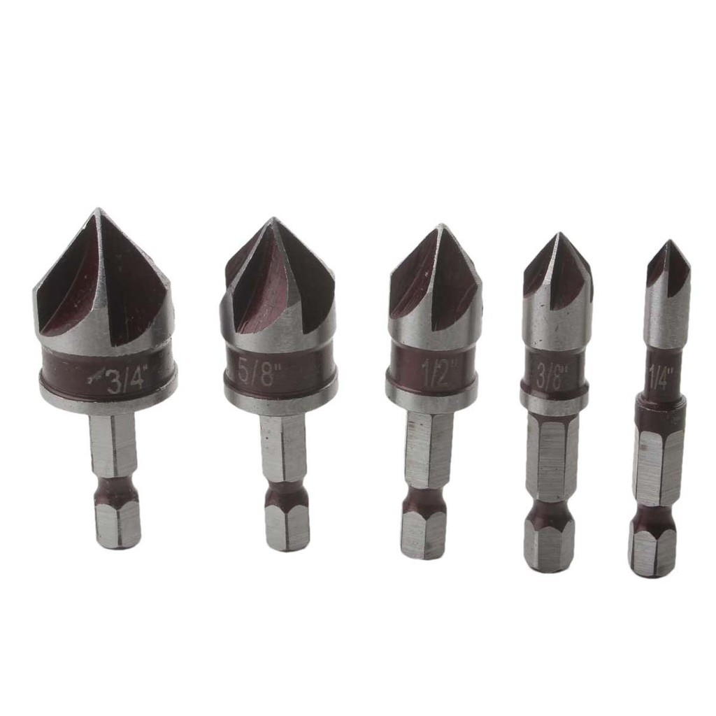 Bộ 5 món nhà máy Red 82°Hex Shank Thiết bị vát năm cánh Chamfering Knife Countersunk Khoan vít Countersunk D
