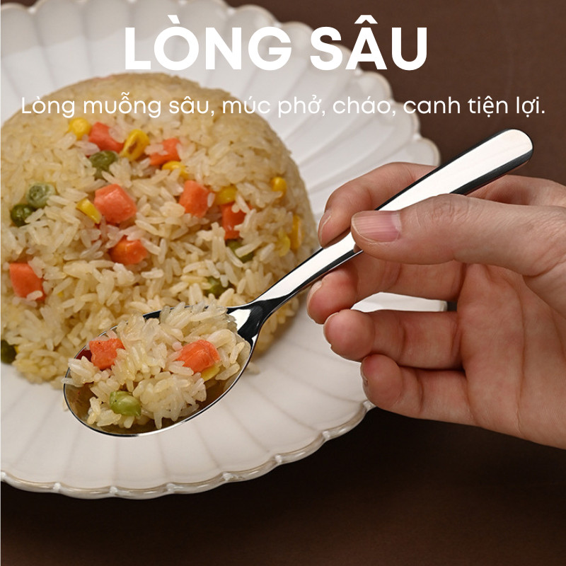 Combo 6 Thìa Inox 304 KOOBEE Cán Dài Trơn – Lòng Sâu, 3 Size, Sáng Bóng, Chống Gỉ Cao Cấp (BA39)