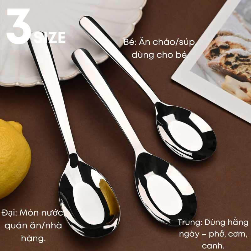 Combo 6 Thìa Inox 304 KOOBEE Cán Dài Trơn – Lòng Sâu, 3 Size, Sáng Bóng, Chống Gỉ Cao Cấp (BA39)