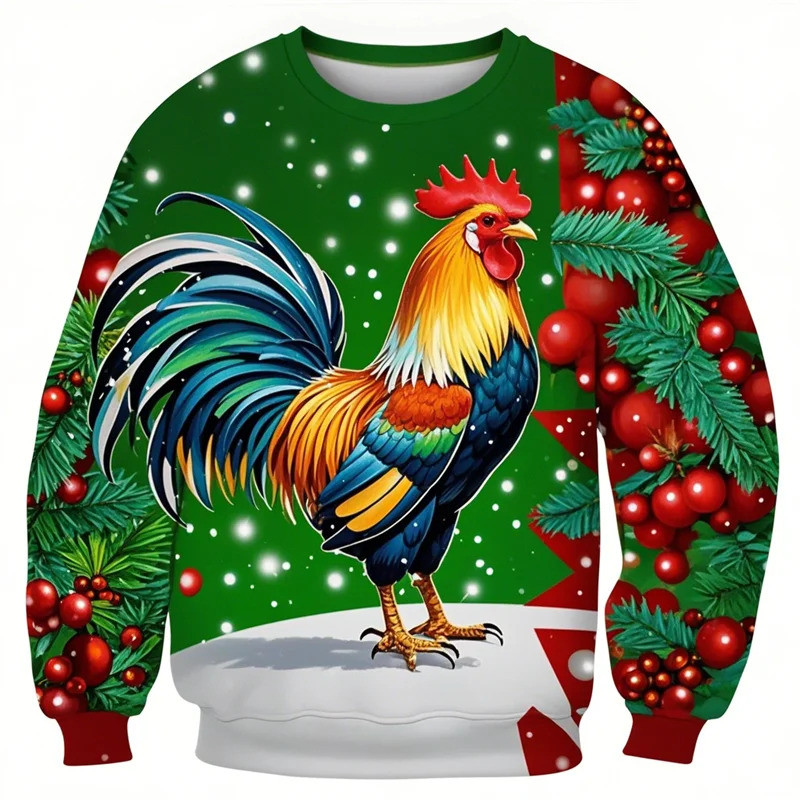 Áo thun dài tay giáng sinh với hình ảnh gà ngộ nghĩnh và ông già Noel, phù hợp cho thể thao và giải trí