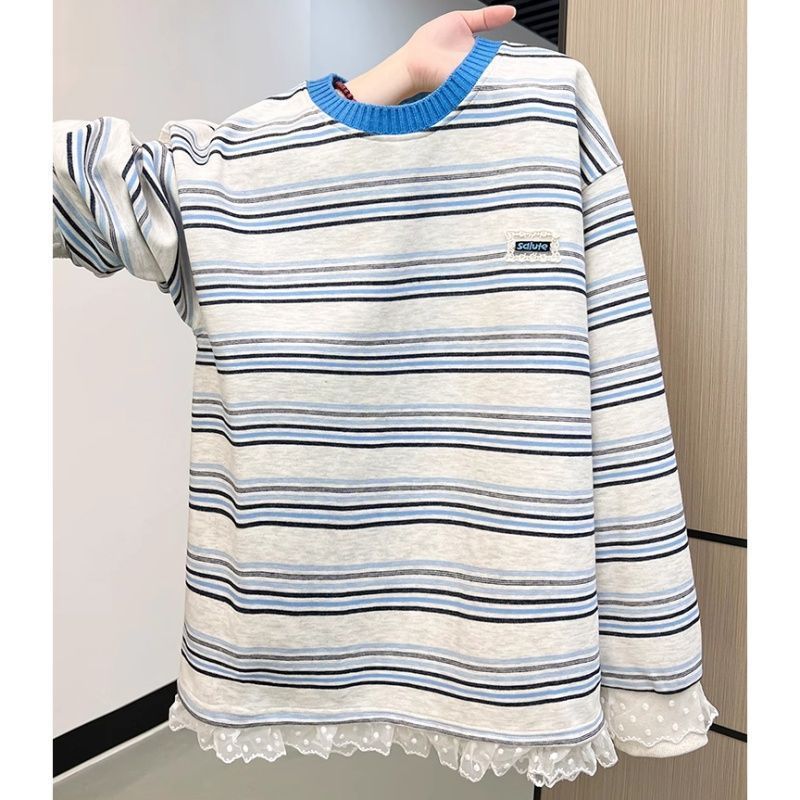 Milyfashion Áo sơ mi sọc ren thêu cổ tròn, vải mỏng, phong cách mới