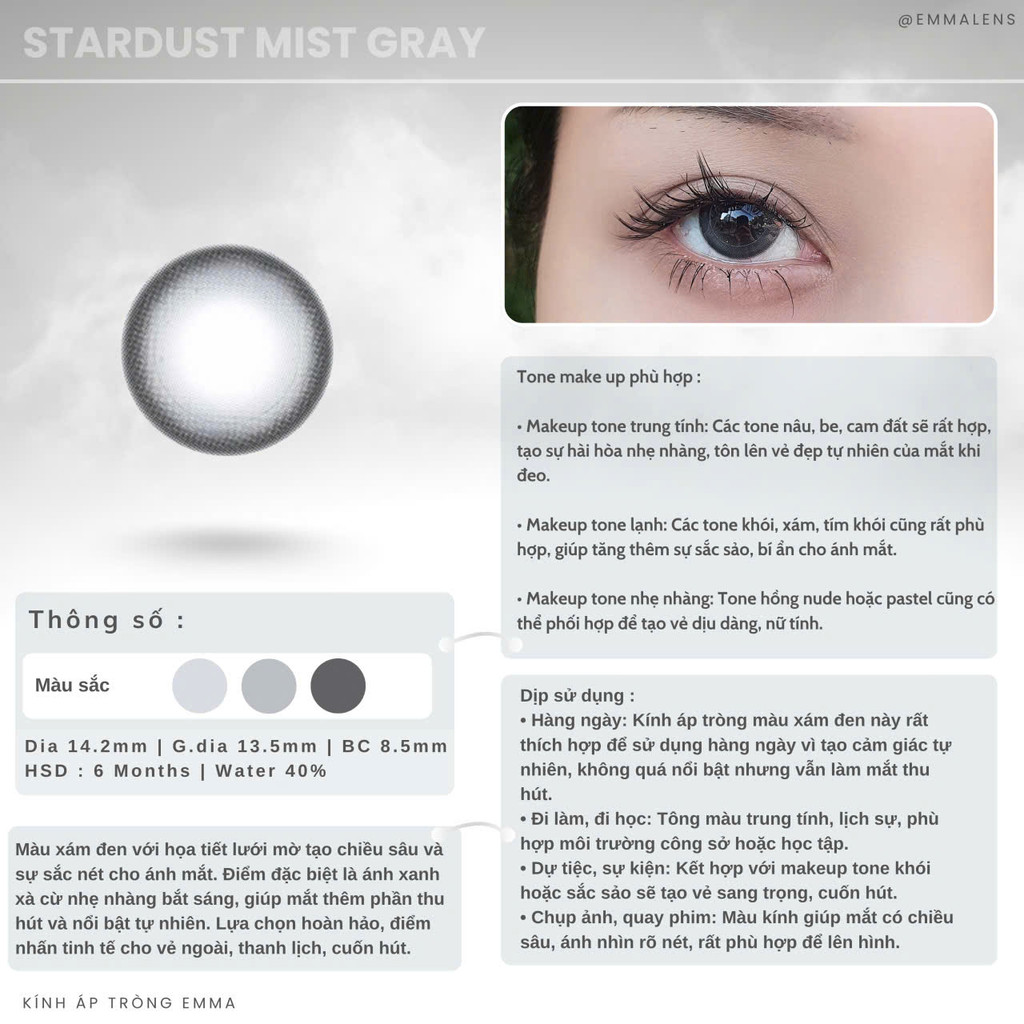 Kính Áp Tròng Stardust Mist Gray | Lens Xám Xanh Xà Cừ | Emma Lens
