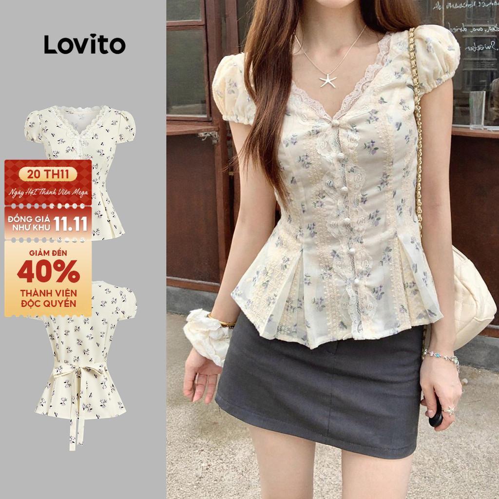 Lovito Áo sơ mi ren dễ thương có nút phía trước phù hợp cho mùa xuân/hè dành cho phụ nữ L154ED1015