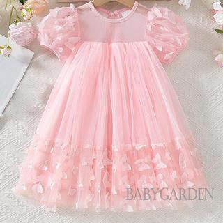 3-10 tuổi Kid Girl Tulle Dress 3D Bướm Tay Ngắn Cổ Vuông Lưới Chữ A Đầm Cho Mùa Xuân Hè