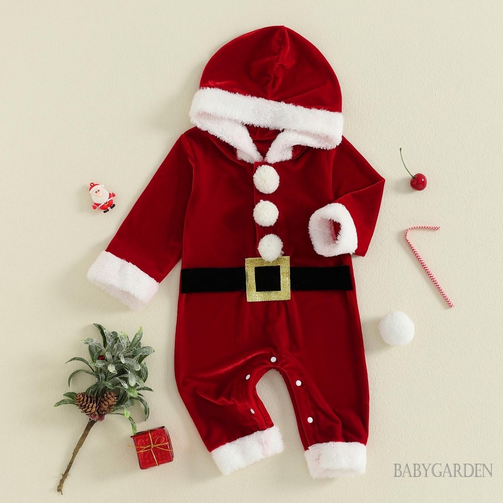 Bộ áo liền quần dài tay có mũ trùm đầu nhung Giáng sinh cho bé Trang phục ông già Noel dễ thương